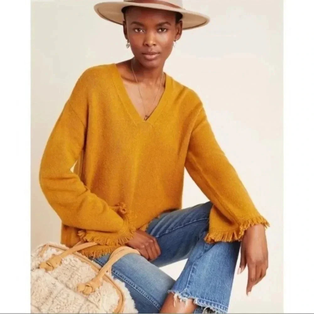 Anthropologie Mustard Yellow Joy Wool Blend Fringe V-Neck Sweater Size MP